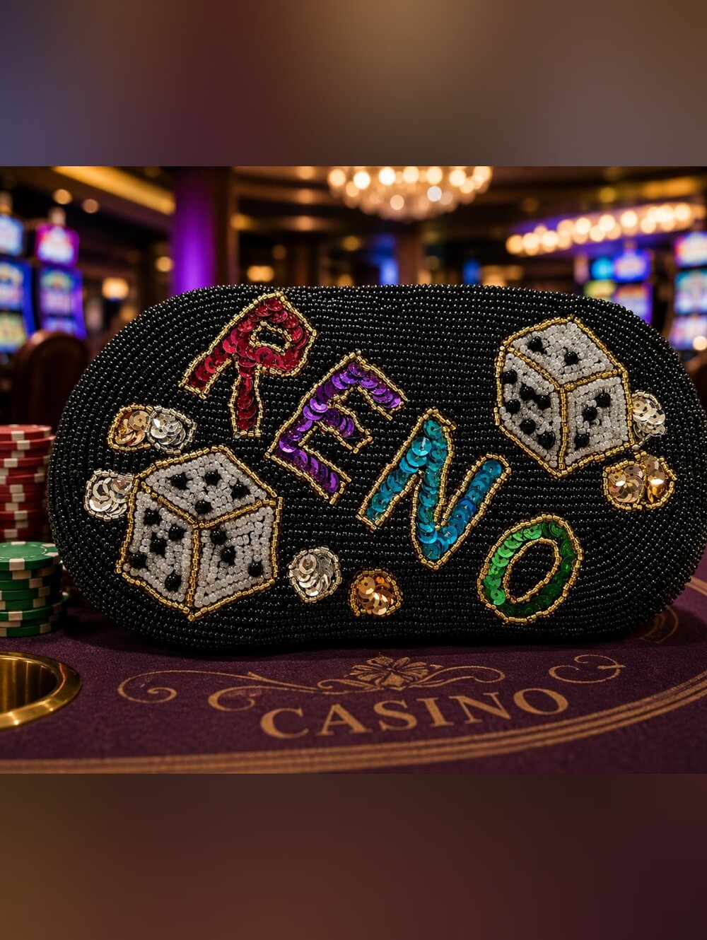 Vintage Black Beaded Reno Casino Snap Pouch